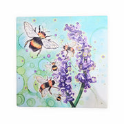 Bumblebee and Lavender ceramic trivet on white background showing full design with bumblebees in flight around purple lavender stem