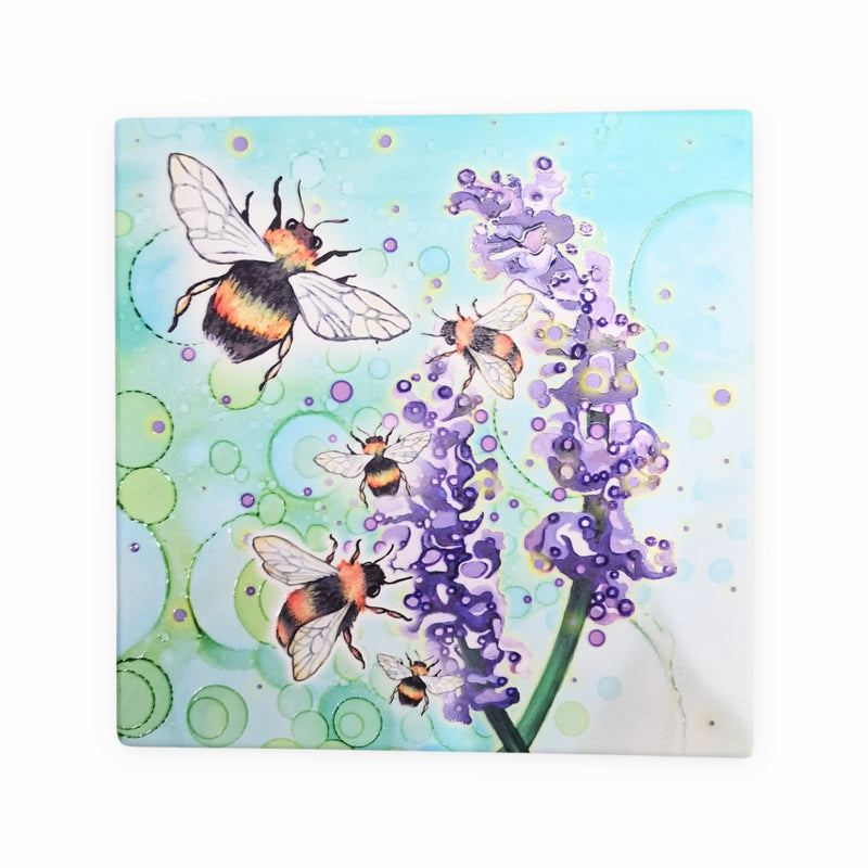 Bumblebee and Lavender ceramic trivet on white background showing full design with bumblebees in flight around purple lavender stem
