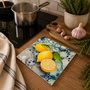 Lemon ceramic trivet on kitchen worktop beside hob showing full lemon design