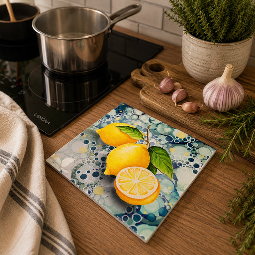 Lemon ceramic trivet on kitchen worktop beside hob showing full lemon design
