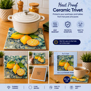 Lemon ceramic trivet infographic showing heat resistant, cork-backed and easy to clean features, 20x20cm