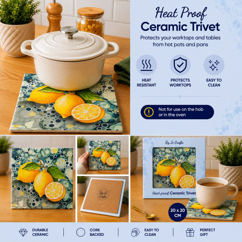 Lemon ceramic trivet infographic showing heat resistant, cork-backed and easy to clean features, 20x20cm