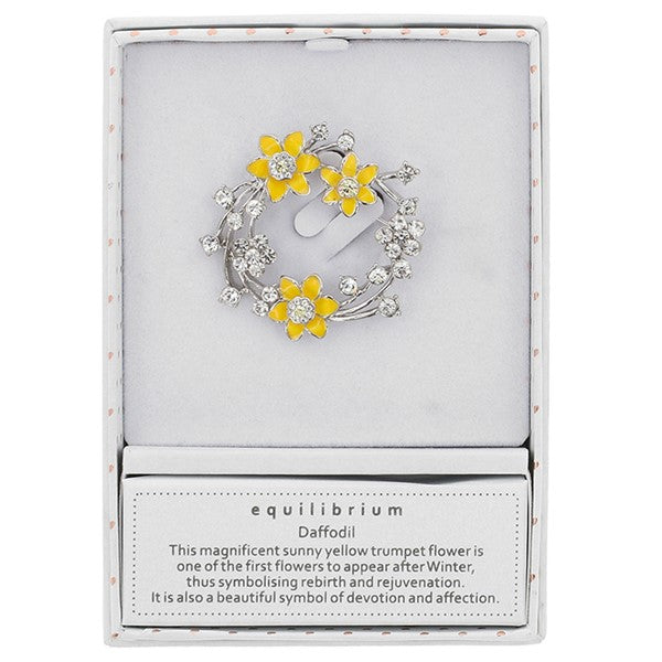 Equilibrium Radiant Daffodil Round Brooch in gift box with brand card showing daffodil sentiment