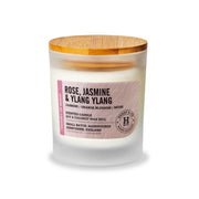Henry & Co Rose Jasmine and Ylang Ylang scented candle 30cl in a frosted glass vessel with bamboo lid on a white background