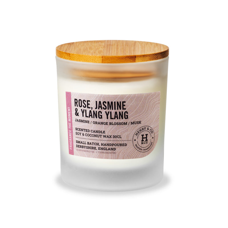 Henry & Co Rose Jasmine and Ylang Ylang scented candle 30cl in a frosted glass vessel with bamboo lid on a white background