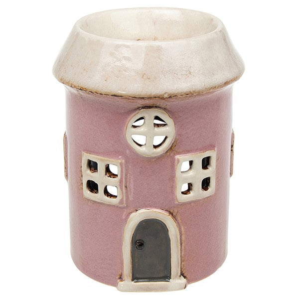 Pink handcrafted ceramic round cottage wax melt warmer with intricate hand-painted detail — Shudehill Village Pottery Cottage Collection