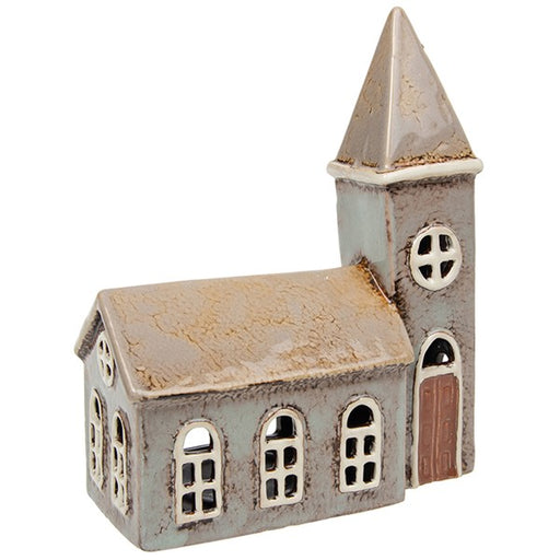 Village Pottery large ceramic church tealight holder with hand-painted detail and wooden effect door