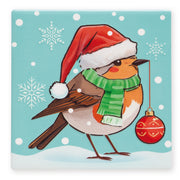 Ceramic Christmas coaster featuring a robin in a Santa hat and scarf, holding a hanging bauble in its beak, surrounded by snowflakes.