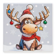 Ceramic Christmas coaster featuring a seated reindeer in a Santa hat and scarf, with baubles and a star hanging from its antlers.