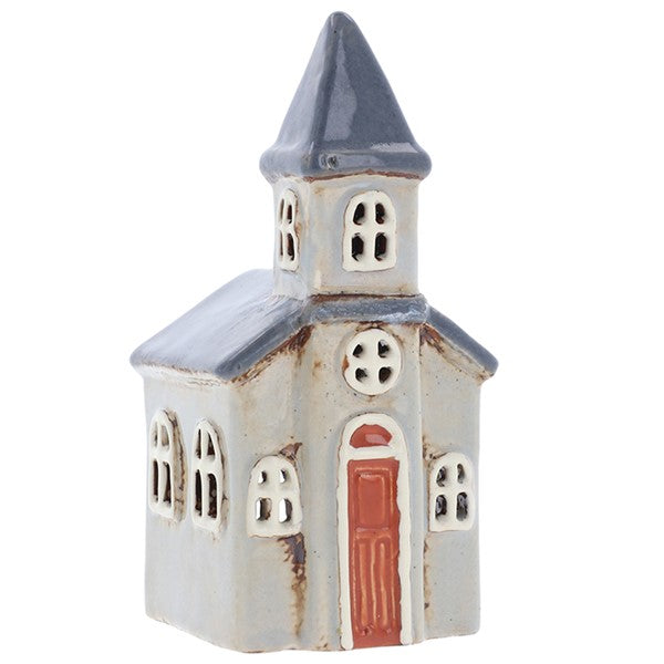 Village Pottery small church ceramic tealight holder with red door and steeple, front view on white background