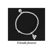 Equilibrium Friends Forever Silver Plated Message Bracelet with silver plated ball beads, curved bar section, engraved "Friends forever" heart charm and crystal-effect disc charm on black background