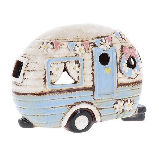 Pale blue ceramic caravan tealight holder with hand-painted bunting flags, curtained windows and floral details, from Shudehill Village Pottery Cottage Collection