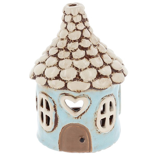 Pale blue handcrafted ceramic round house tealight holder with heart-shaped window and pointed roof — Shudehill Village Pottery Cottage Collection