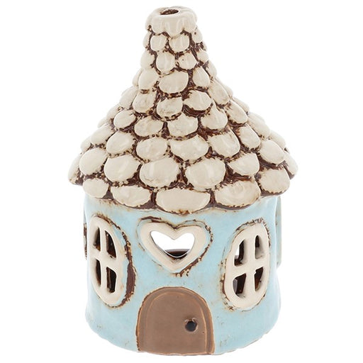 Pale blue handcrafted ceramic round house tealight holder with heart-shaped window and pointed roof — Shudehill Village Pottery Cottage Collection