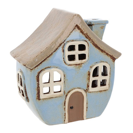 Pale blue handcrafted ceramic quirky house tealight holder — Shudehill Village Pottery Cottage Collection