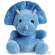 Tank the Triceratops Palm Pals plush, bright blue soft toy triceratops with large fan-shaped frill, three pale grey horns, black bead eyes and fluffy feet, front view, white background