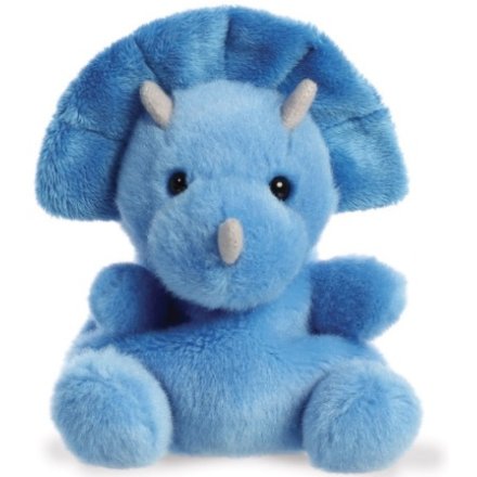 Tank the Triceratops Palm Pals plush, bright blue soft toy triceratops with large fan-shaped frill, three pale grey horns, black bead eyes and fluffy feet, front view, white background