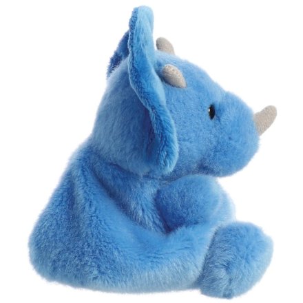 Tank the Triceratops Palm Pals plush, side view showing bright blue body, large fan-shaped frill and pale grey horns, white background