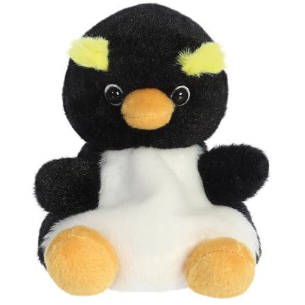 Rocco the Rockhopper Penguin Palm Pals plush, black and white penguin soft toy with amber beak, amber feet and yellow tufts above the eyes, front view, white background