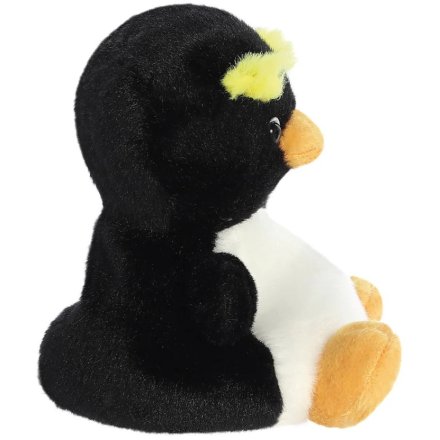 Rocco the Rockhopper Penguin Palm Pals plush, side view showing jet black back, white tummy, amber beak and yellow tufts, white background