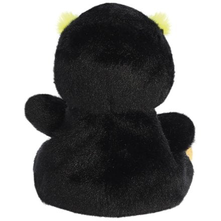 Rocco the Rockhopper Penguin Palm Pals plush, rear view showing jet black back and yellow tufts, white background