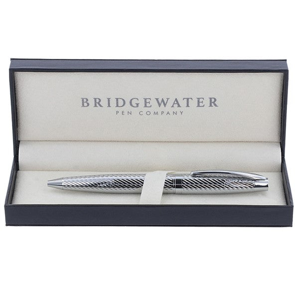 Bridgewater Lancaster all chrome ballpoint pen presented in an open gift box on a white background