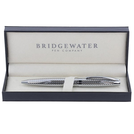 Bridgewater Lancaster all chrome ballpoint pen presented in an open gift box on a white background