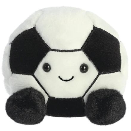 Striker the Football Palm Pals plush, round black and white hexagon panel football soft toy with black bead eyes, cheerful smile and black fluffy feet, front view, white background