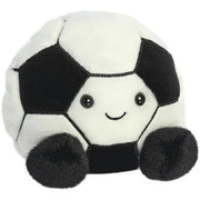 Striker the Football Palm Pals plush, round black and white hexagon panel football soft toy with black bead eyes, cheerful smile and black fluffy feet, front view, white background