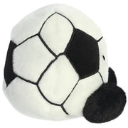 Striker the Football Palm Pals plush, side view showing black and white hexagon panel design and black fluffy feet, white background