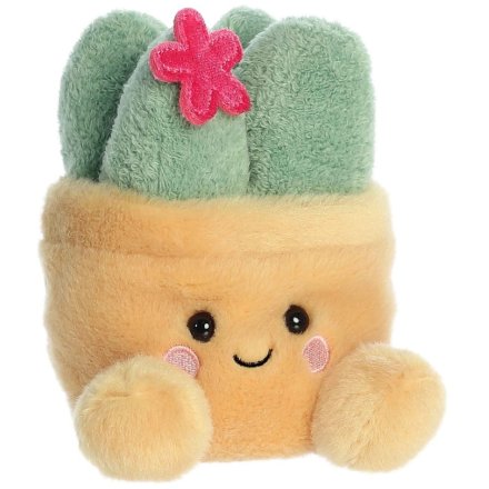 Seyla the Succulent Palm Pals plush, sandy pot plant-shaped soft toy with soft sage green succulent leaves, bright pink flower detail, black bead eyes and rosy cheeks, front view, white background