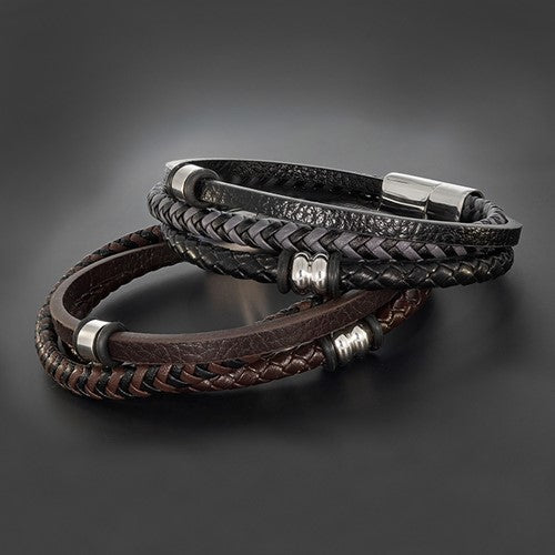 Equilibrium For Men 3-in-1 leather bracelets in black and brown with magnetic clasp and bead accents