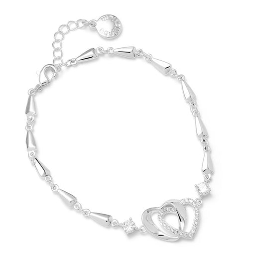 Equilibrium Te Amo Entwined Hearts Silver Plated Bracelet with teardrop-link chain and interlocking hearts with pavé Cubic Zirconia detail
