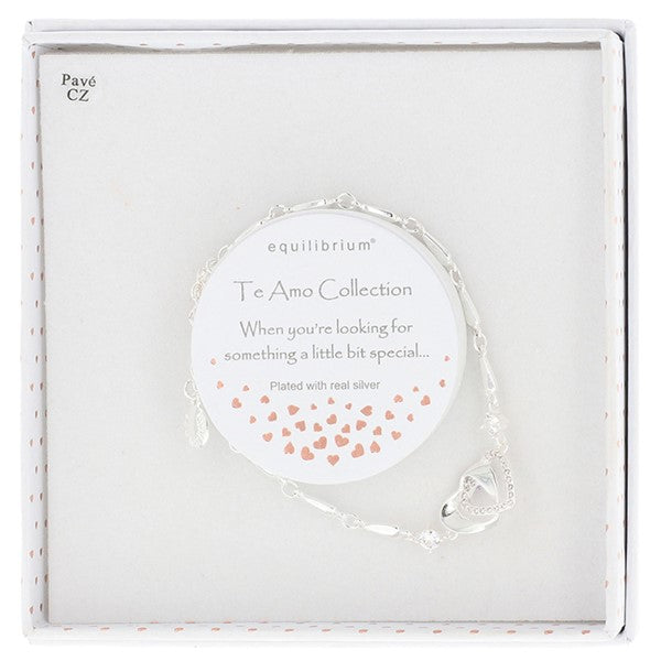 Equilibrium Te Amo Entwined Hearts Silver Plated Bracelet shown in gift box with Te Amo Collection sentiment 