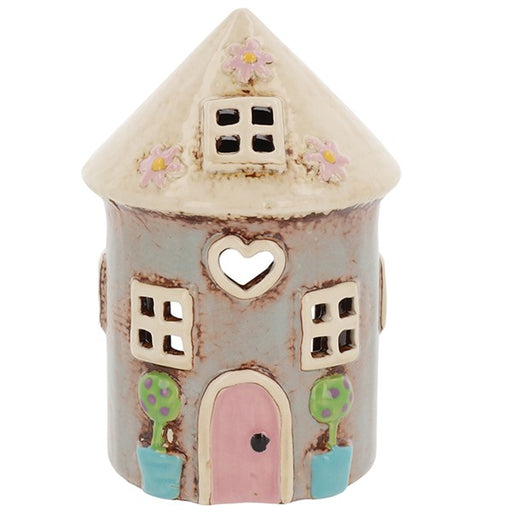 Handcrafted ceramic round garden house tealight holder with heart-shaped window and hand-painted finish, from Shudehill Village Pottery Cottage Collection