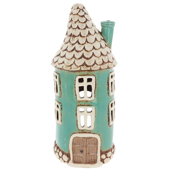 Tall handcrafted teal ceramic round house tealight holder — Shudehill Village Pottery Cottage Collection, 28cm