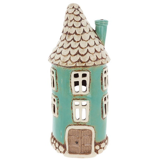 Tall handcrafted teal ceramic round house tealight holder — Shudehill Village Pottery Cottage Collection, 28cm