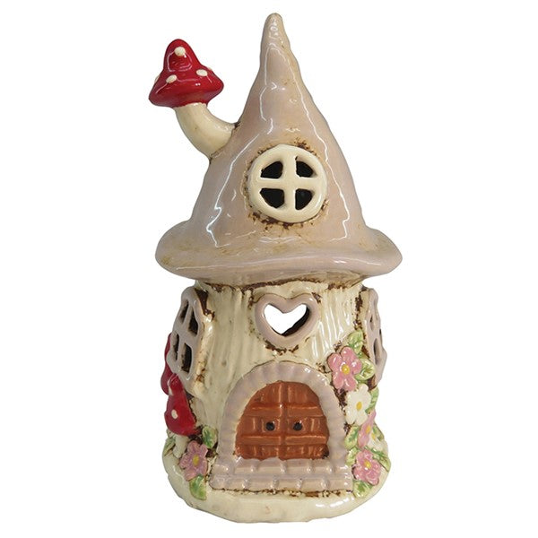 Handcrafted ceramic beige mushroom house tealight holder with red mushroom chimney, heart-shaped window and floral details, from Shudehill Village Pottery Cottage Collection