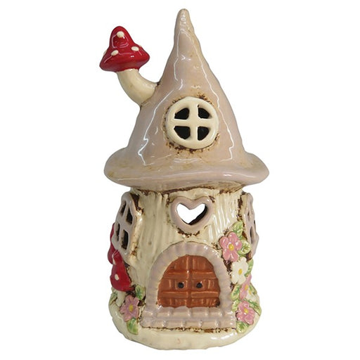 Handcrafted ceramic beige mushroom house tealight holder with red mushroom chimney, heart-shaped window and floral details, from Shudehill Village Pottery Cottage Collection