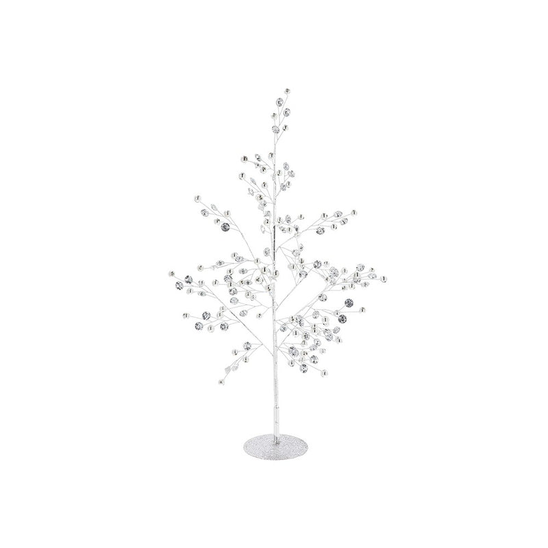 Silver wire shimmer tree with crystal-effect stones on a circular base against a white background
