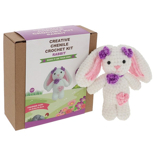Creative Crochet Chenille Bunny kit box by Shudehill, soft chenille yarn craft kit for children aged 10 and up