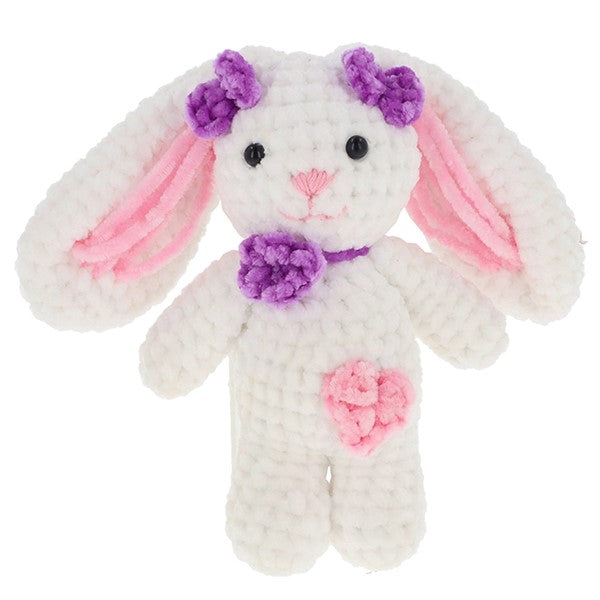 Completed crocheted chenille bunny made from the Creative Crochet kit by Shudehill, showing fluffy soft texture