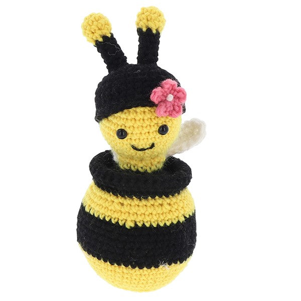 Completed crochet bee sitting in honey pot from Shudehill Creative Crochet kit – Little Monkey Gifts