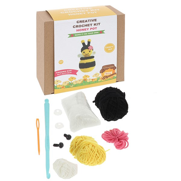 Contents of Creative Crochet Bee and Honey Pot kit showing materials and box – Little Monkey Gifts
