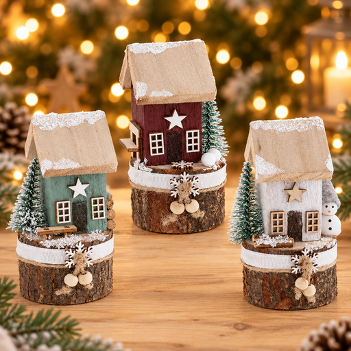 Three Folk Art Christmas Cottage mini decorations in Sage, Redwood and Silvery Grey displayed together, with warm golden bokeh fairy lights background