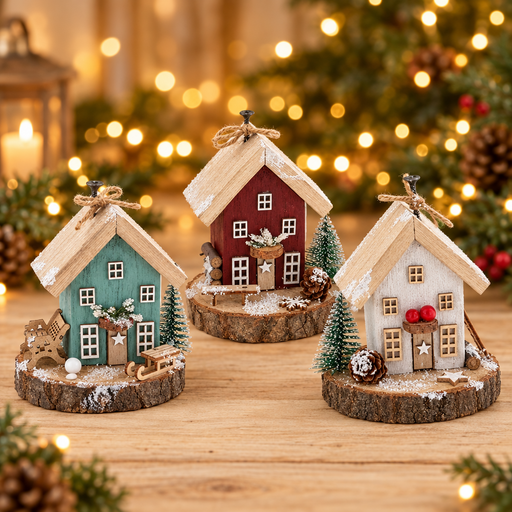 Three Folk Art Christmas Cottage medium decorations in Redwood, Sage and Silvery Grey displayed together with warm golden bokeh fairy lights background
