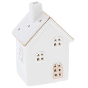 Cosy Lane LED light-up house ornament small with cut-out windows, gold trim detail on roofline and arched front door, battery operated