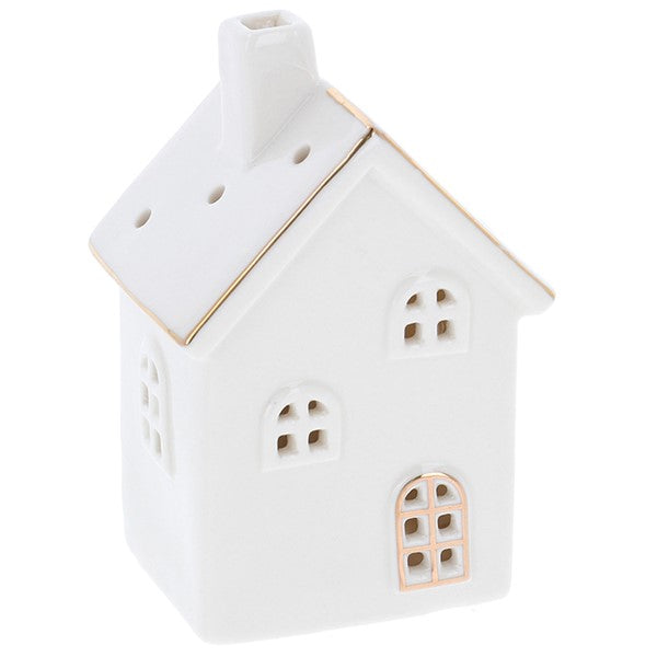 Cosy Lane LED light-up house ornament small with cut-out windows, gold trim detail on roofline and arched front door, battery operated