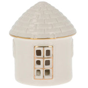 Cosy Lane LED light-up round cottage small with textured conical roof, gold trim detail and cut-out window, battery operated