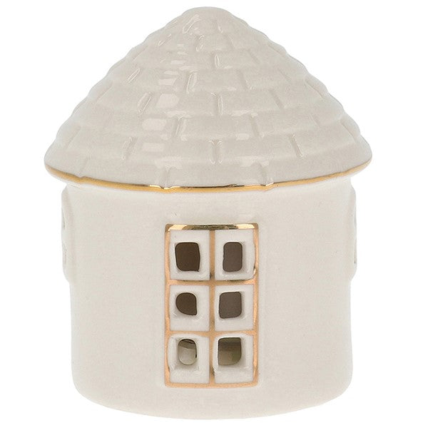 Cosy Lane LED light-up round cottage small with textured conical roof, gold trim detail and cut-out window, battery operated
